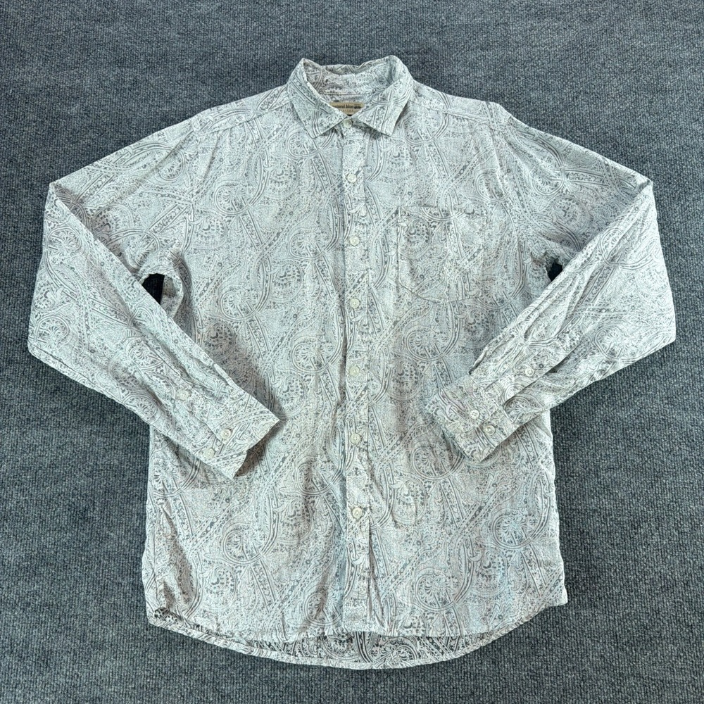 VTG Natural Blue Visitor Mens M Grey Paisley 100% Linen Long Sleeve Button Shirt